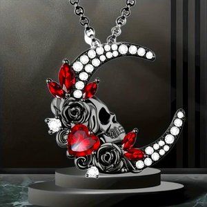 Goth Moon Skull Pendant Necklace Punk Rhinestones Gems Red Heart Black New Gift